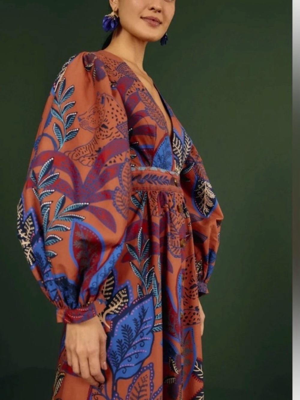 FARM RIO Brown Wild Jungle Organic Cotton Maxi Dress (M) - Picture 4 of 7